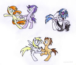 Size: 680x585 | Tagged: safe, artist:pandan009, character:carrot top, character:derpy hooves, character:dj pon-3, character:doctor whooves, character:golden harvest, character:octavia melody, character:time turner, character:vinyl scratch, character:written script, species:earth pony, species:pegasus, species:pony, species:unicorn, ship:doctorderpy, ship:goldenscript, ship:scratchtavia, dancing, female, lesbian, male, mare, shipping, stallion, straight