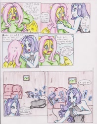 Size: 1275x1626 | Tagged: safe, artist:zoarenso, character:fluttershy, character:rarity, species:anthro, comic:innocent sin, comic, explicit series, traditional art