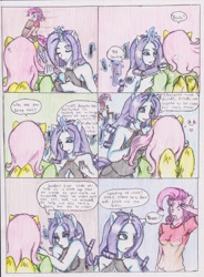Size: 1184x1606 | Tagged: safe, artist:zoarenso, character:fluttershy, character:pinkie pie, character:rarity, species:anthro, comic:innocent sin, comic, explicit series, japanese, salute, traditional art