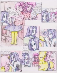 Size: 1275x1647 | Tagged: safe, artist:zoarenso, character:fluttershy, character:pinkie pie, character:rarity, species:anthro, comic:innocent sin, barefoot, comic, explicit series, feet, traditional art