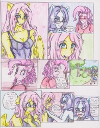 Size: 1275x1630 | Tagged: safe, artist:zoarenso, character:fluttershy, character:pinkie pie, character:rarity, oc, oc:stormcloak, species:anthro, comic:innocent sin, comic, explicit series, traditional art