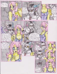 Size: 1275x1664 | Tagged: safe, artist:zoarenso, character:discord, character:fluttershy, species:anthro, comic:innocent sin, comic, explicit series, stupid sexy discord, traditional art
