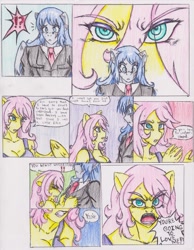 Size: 1275x1639 | Tagged: safe, artist:zoarenso, character:fluttershy, oc, oc:stormcloak, species:anthro, comic:innocent sin, comic, explicit series, incest, misspelling, the stare, traditional art, uncle and niece, yandere, you're going to love me