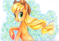 Size: 1727x1208 | Tagged: safe, artist:my-magic-dream, character:applejack, abstract background, female, looking back, raised hoof, solo, traditional art