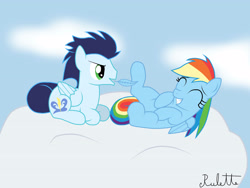 Size: 4000x3000 | Tagged: safe, artist:rulette, character:rainbow dash, character:soarin', ship:soarindash, female, hoof tickling, male, shipping, straight, tickling