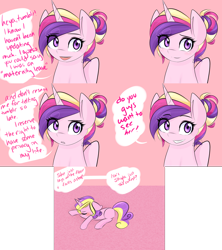 Size: 2560x2880 | Tagged: safe, artist:sugarberry, character:princess cadance, character:princess skyla, parent:princess cadance, parent:shining armor, parents:shiningcadance, species:pony, species:unicorn, ask-cadance, blushing, bun, comic, cute, dialogue, eyes closed, floppy ears, grin, hair bun, looking at you, offspring, prone, sleeping, smiling, speech bubble, tumblr
