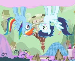 Size: 1024x830 | Tagged: safe, artist:rulette, character:rainbow dash, character:soarin', species:pegasus, species:pony, ship:soarindash, blush sticker, blushing, chaos, cloud, discorded landscape, female, floating island, green sky, looking at each other, male, mare, missing cutie mark, pink cloud, ponyville town hall, shipping, smiling, stallion, straight, upside down, vector