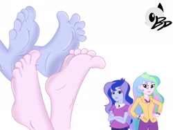 Size: 2048x1536 | Tagged: safe, artist:bronypanda, character:princess celestia, character:princess luna, character:principal celestia, my little pony:equestria girls, barefoot, feet, foot fetish, foot focus, footsie, humanized, soles, toes