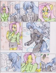 Size: 1275x1639 | Tagged: safe, artist:zoarenso, character:fluttershy, oc, oc:stormcloak, species:anthro, comic:innocent sin, clothing, comic, explicit series, sweater, sweatershy, traditional art