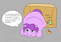 Size: 462x323 | Tagged: safe, artist:carpdime, alleyway, bagel, box, feral fluffy pony, fluffy pony, fluffy pony foals, fluffy pony mother