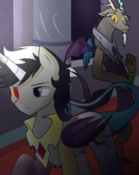 Size: 666x838 | Tagged: safe, artist:hikariviny, character:discord, oc, oc:chaotic, parent:discord, parent:princess celestia, parents:dislestia, disappointed, frown, heterochromia, hybrid, interspecies offspring, like father like son, offspring, sad