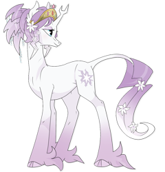 Size: 900x936 | Tagged: safe, artist:rannarbananar, character:tree of harmony, oc, oc only, oc:harmony (heilos), species:classical unicorn, species:pony, big crown thingy, cloven hooves, female, flower, flower in hair, flower in tail, leonine tail, looking back, mare, ponified, smiling, solo, tree of harmony, unshorn fetlocks