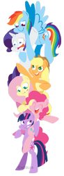 Size: 800x2182 | Tagged: safe, artist:coggler, artist:frog&cog, artist:gopherfrog, character:applejack, character:fluttershy, character:pinkie pie, character:rainbow dash, character:rarity, character:twilight sparkle, character:twilight sparkle (alicorn), species:alicorn, species:earth pony, species:pegasus, species:pony, species:unicorn, acrophobia, bipedal, clothing, cowboy hat, female, hat, mane six, mare, open mouth, pile, pony pile, simple background, tower of pony, transparent background, varying degrees of amusement