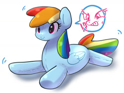 Size: 1600x1200 | Tagged: safe, artist:ayahana, character:rainbow dash, dollified, exclamation point, i have no mouth and i must scream, inanimate tf, interrobang, objectification, pixiv, plushie, plushification, question mark, simple background, solo, sweat, sweatdrop, transformation, white background