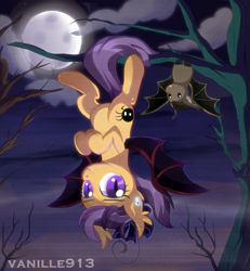Size: 1280x1387 | Tagged: dead source, safe, artist:spookyle, oc, oc only, oc:spookie, species:bat, species:bat pony, species:pony, cloud, cloudy, fangs, hanging, looking at you, moon, night, sky, smiling, solo, spread wings, tree, upside down, wings
