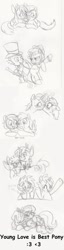 Size: 451x1767 | Tagged: safe, artist:enigmaticfrustration, character:apple bloom, character:diamond tiara, character:dinky hooves, character:liza doolots, character:petunia, character:pipsqueak, character:scootaloo, character:silver spoon, character:snails, character:snips, character:spike, character:sweetie belle, character:tootsie flute, character:twist, species:pegasus, species:pony, ship:scootabloom, ship:silvertiara, ship:spikebelle, blushing, female, heart, kissing, lesbian, male, monochrome, rainy feathers, shipping, snailstwist, straight, traditional art