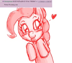 Size: 660x579 | Tagged: safe, artist:redanon, character:pinkie pie, blep, blushing, cute, drawing error, female, heart, looking at you, monochrome, smiling, solo, tongue out