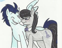 Size: 900x690 | Tagged: safe, artist:enigmaticfrustration, character:octavia melody, character:soarin', backwards cutie mark, crack shipping, female, male, shipping, soartavia, straight, traditional art