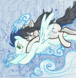 Size: 1532x1563 | Tagged: safe, artist:enigmaticfrustration, character:octavia melody, character:soarin', species:earth pony, species:pegasus, species:pony, backwards cutie mark, crack shipping, female, flying, male, mare, night, ponies riding ponies, shipping, soartavia, stallion, straight, traditional art