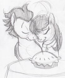 Size: 1216x1464 | Tagged: safe, artist:enigmaticfrustration, character:octavia melody, character:soarin', crack shipping, female, male, monochrome, pie, shipping, soartavia, straight, traditional art