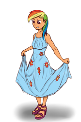 Size: 1283x1915 | Tagged: safe, artist:rubrony, artist:rustydooks, character:rainbow dash, species:human, clothing, colored, dress, feet, female, high heels, humanized, rainbow dash always dresses in style, sandals, shoes, solo, toes