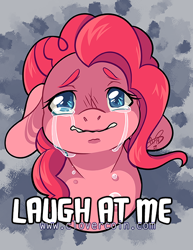 Size: 500x647 | Tagged: safe, artist:clovercoin, character:pinkie pie, bust, caption, colored pupils, crying, female, solo