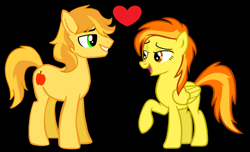 Size: 1024x623 | Tagged: safe, artist:3d4d, artist:alamber, artist:omg-chibi, artist:rulette, character:braeburn, character:spitfire, species:earth pony, species:pegasus, species:pony, black background, duo, female, heart, male, mare, missing accessory, raised hoof, shipping, simple background, spitburn, stallion, straight