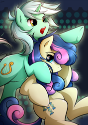 Size: 620x876 | Tagged: safe, artist:secret-pony, character:bon bon, character:lyra heartstrings, character:sweetie drops, species:earth pony, species:pony, species:unicorn, ship:lyrabon, female, lesbian, mare, open mouth, pointing, shipping, underhoof