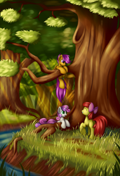 Size: 1625x2375 | Tagged: safe, artist:grennadder, character:apple bloom, character:scootaloo, character:sweetie belle, species:pegasus, species:pony, cutie mark crusaders, forest, playing, river, tree