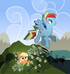 Size: 5099x5368 | Tagged: safe, artist:trotsworth, character:applejack, character:rainbow dash, species:earth pony, species:pegasus, species:pony, fanfic:on a cross and arrow, ship:appledash, g4, absurd resolution, appleblitz (straight), blushing, bush, eyes on the prize, fanfic, fanfic art, female, flower, flying, half r63 shipping, hiding, male, mare, rainbow blitz, rule 63, shipping, stallion, straight
