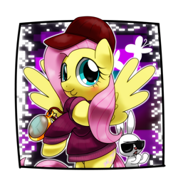Size: 1200x1200 | Tagged: safe, artist:hoyeechun, character:angel bunny, character:fluttershy, bottomless, clock, clothing, flava flav, hat, partial nudity, rapper, sunglasses, sweater, sweatershy