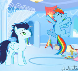 Size: 1024x931 | Tagged: safe, artist:rulette, character:rainbow dash, character:soarin', ship:soarindash, female, happy, jumping, male, shipping, straight
