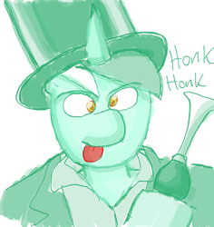Size: 638x677 | Tagged: safe, artist:redanon, character:lyra heartstrings, character:parish nandermane, blep, bulb horn, clothing, derp, harpo marx, hat, honk, honk honk, hoof hold, marx brothers, parish nandermane, reply art, rule 63, simple background, smiling, solo, tongue out, top hat, wat, white background