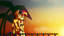 Size: 1920x1080 | Tagged: safe, artist:zedrin, character:flash sentry, character:sunset shimmer, species:anthro, ship:flashimmer, bare chest, bikini, clothing, female, male, shipping, straight, sunset, swimsuit, topless
