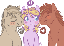 Size: 925x658 | Tagged: safe, artist:clovercoin, oc, oc only, oc:hush hooves, oc:starcrossed, oc:text twist, blushing, exclamation point, eyes closed, heart, kiss on the cheek, kiss sandwich, kissing, nudging, nuzzling, smiling, surprise kiss, surprised