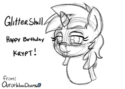 Size: 1280x914 | Tagged: safe, artist:outofworkderpy, character:snails, species:pony, species:unicorn, black and white, blep, blushing, colt, cute, glitter shell, grayscale, heart, male, monochrome, sketch, solo, tongue out