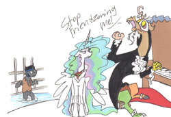 Size: 1280x875 | Tagged: safe, artist:frankilew, character:discord, character:good king sombra, character:king sombra, character:princess celestia, species:pony, ship:dislestia, annoyed, bipedal, celestia is not amused, clothing, dress, female, floppy ears, friendzone, frown, glare, king sombra is not amused, male, mask, phantom of the opera, piano, shipping, sitting, spread wings, straight, suit, traditional art, unamused, wide eyes, wings, yelling
