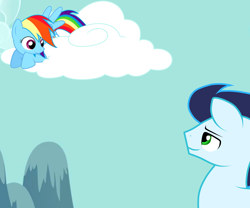 Size: 1024x853 | Tagged: safe, artist:rulette, character:rainbow dash, character:soarin', ship:soarindash, cloud, female, male, shipping, straight