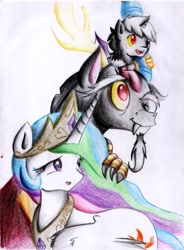 Size: 1129x1538 | Tagged: safe, artist:hikariviny, character:discord, character:princess celestia, oc, oc:chaotic, parent:discord, parent:princess celestia, parents:dislestia, ship:dislestia, featured on derpibooru, female, fluffy, heterochromia, hybrid, interspecies offspring, male, offspring, open mouth, pony hat, shipping, smiling, straight, traditional art, wink