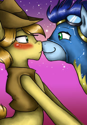 Size: 2038x2941 | Tagged: safe, artist:misukitty, character:braeburn, character:soarin', species:earth pony, species:pegasus, species:pony, ship:soarburn, blushing, boop, clothing, eye contact, first gay pic on derpibooru, gay, goggles, hat, imminent kissing, looking at each other, male, noseboop, shipping, stallion, stars, uniform, wonderbolts, wonderbolts uniform