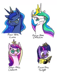 Size: 1216x1536 | Tagged: safe, artist:snapai, character:princess cadance, character:princess celestia, character:princess luna, character:twilight sparkle, character:twilight sparkle (alicorn), species:alicorn, species:pony, alicorn tetrarchy, book, cute, female, for dummies, glasses, mare, pince-nez, pun, reading, tongue out