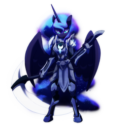 Size: 1312x1284 | Tagged: safe, artist:zedrin, character:nightmare moon, character:princess luna, species:alicorn, species:anthro, species:pony, species:unguligrade anthro, armor, female, scythe, simple background, solo, warrior luna