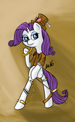 Size: 571x922 | Tagged: safe, artist:mang, character:rarity, clothing, female, flintlock, goggles, hat, knife, solo, steampunk