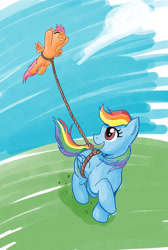 Size: 673x1000 | Tagged: safe, artist:muffinshire, character:rainbow dash, character:scootaloo, species:pegasus, species:pony, female, filly, kite, kite flying, mare, open mouth, scootaloo can fly, scootaloo can't fly, scootalove