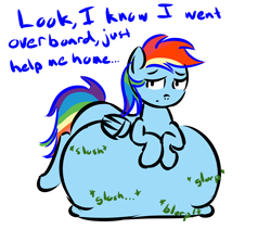 Size: 6400x5400 | Tagged: safe, artist:zeldafan777, character:rainbow dash, absurd resolution, belly, belly bed, chubby, cute, embarrassed, fat, female, huge belly, impossibly large belly, large belly, need to go on a diet, need to lose weight, obese, overweight, rainblob dash, solo, stomach noise, stuffing, too fat, too fat to move, weight gain