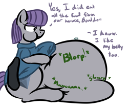 Size: 6400x5400 | Tagged: safe, artist:zeldafan777, character:boulder, character:maud pie, absurd resolution, belly, chubby, chubby cheeks, fat, female, impossibly large belly, maud pudge, rock, solo, stomach noise, stuffing, weight gain