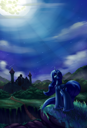Size: 1950x2850 | Tagged: safe, artist:grennadder, character:princess luna, castle, castle of the royal pony sisters, crepuscular rays, crying, everfree forest, female, mare in the moon, moon, night, sad, scenery, solo