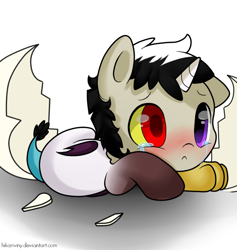 Size: 662x699 | Tagged: safe, artist:hikariviny, oc, oc only, oc:chaotic, parent:discord, parent:princess celestia, parents:dislestia, species:draconequus, baby, birth, crying, cute, egg, foal, hatching, hatchling, heterochromia, hybrid, interspecies offspring, offspring
