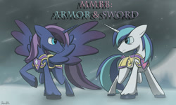 Size: 1920x1151 | Tagged: safe, artist:dmann892, character:shining armor, oc, oc:crystal sword, parent:princess cadance, parent:shining armor, parents:shiningcadance, species:alicorn, species:pony, alicorn oc, armor, commission, fanfic art, fanfic cover, father and son, my mortal big brother, offspring, older, snow, spread wings, wings