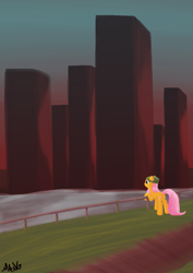 Size: 793x1122 | Tagged: safe, artist:mang, character:fluttershy, beanie, city, clothing, female, hat, solo, sunset